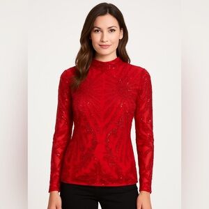 NWT Boston Proper Red Sequin Mesh Long Sleeve Top | Size S